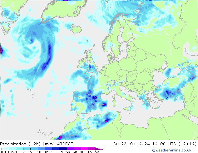 降水量 (12h) ARPEGE 星期日 22.09.2024 00 UTC