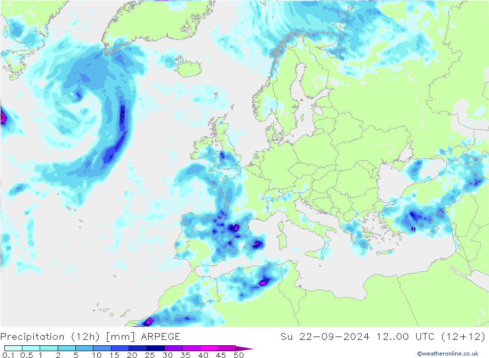 降水量 (12h) ARPEGE 星期日 22.09.2024 00 UTC