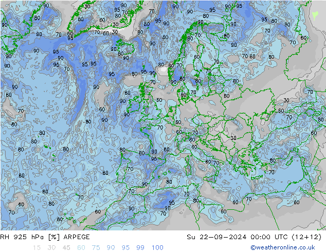 RH 925 hPa ARPEGE 星期日 22.09.2024 00 UTC