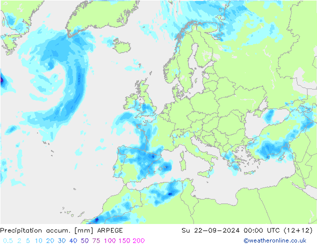 Precipitation accum. ARPEGE 星期日 22.09.2024 00 UTC