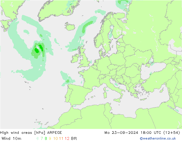 High wind areas ARPEGE 星期一 23.09.2024 18 UTC