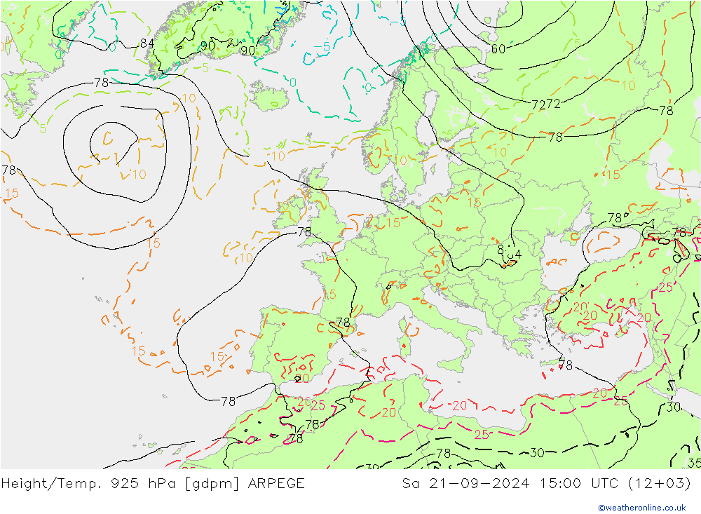 Height/Temp. 925 hPa ARPEGE Sa 21.09.2024 15 UTC