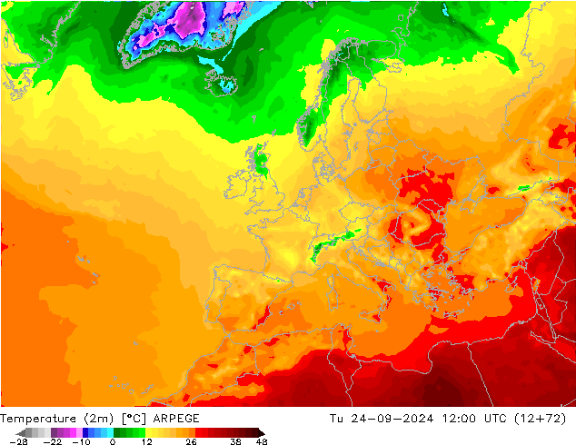 Temperaturkarte (2m) ARPEGE Di 24.09.2024 12 UTC