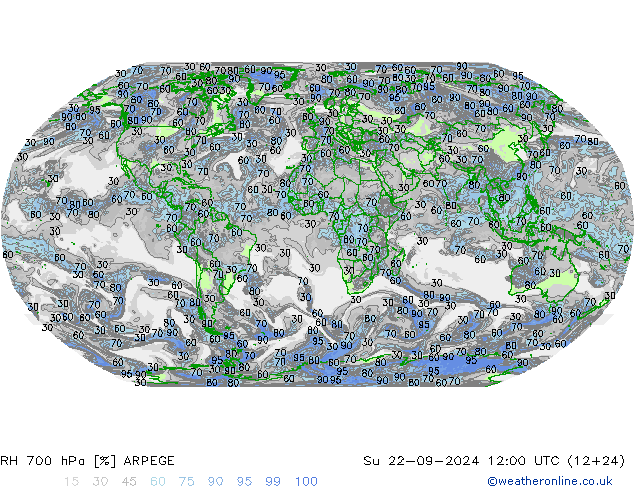 RH 700 hPa ARPEGE 星期日 22.09.2024 12 UTC