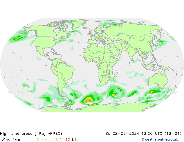 High wind areas ARPEGE 星期日 22.09.2024 12 UTC