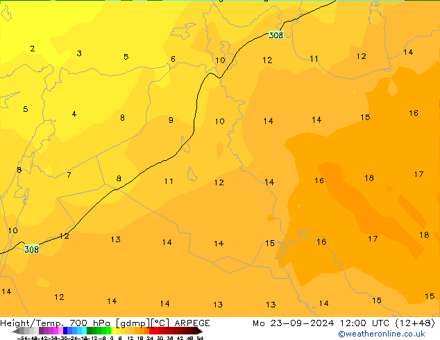 Height/Temp. 700 hPa ARPEGE Mo 23.09.2024 12 UTC