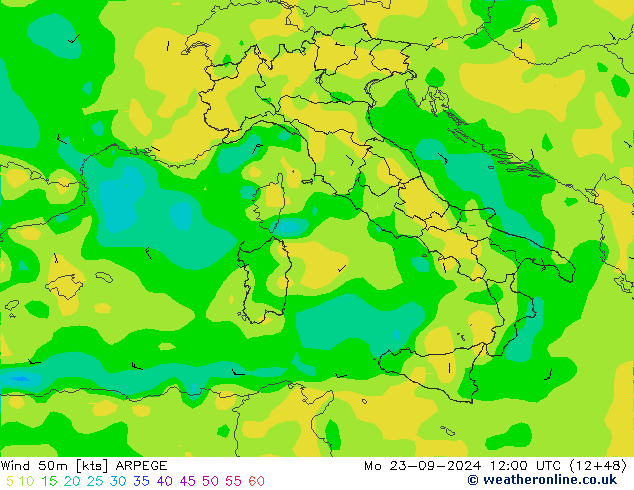 Wind 50m ARPEGE Mo 23.09.2024 12 UTC