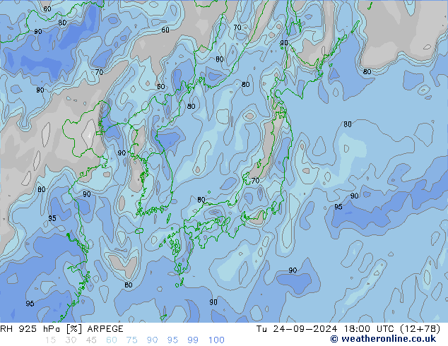 RH 925 hPa ARPEGE Út 24.09.2024 18 UTC