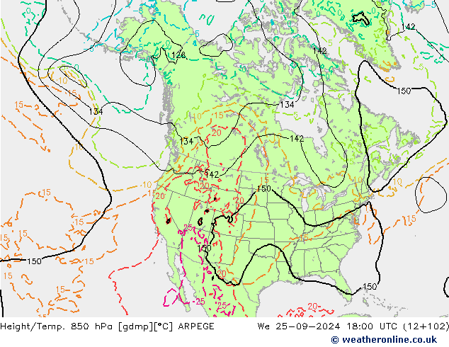 Height/Temp. 850 hPa ARPEGE 星期三 25.09.2024 18 UTC