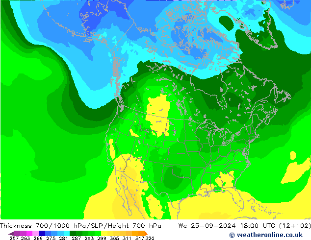 Thck 700-1000 hPa ARPEGE 星期三 25.09.2024 18 UTC