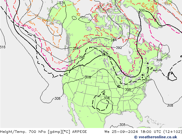 Height/Temp. 700 hPa ARPEGE 星期三 25.09.2024 18 UTC