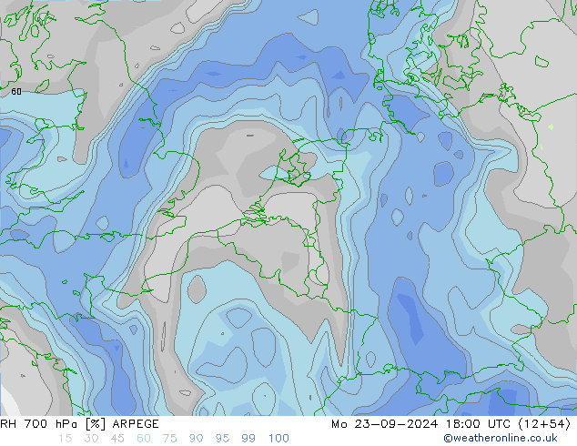 RH 700 hPa ARPEGE 星期一 23.09.2024 18 UTC