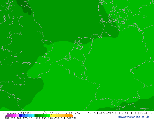 Thck 700-1000 hPa ARPEGE 星期六 21.09.2024 18 UTC