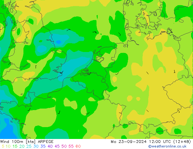 Vento 100m ARPEGE lun 23.09.2024 12 UTC