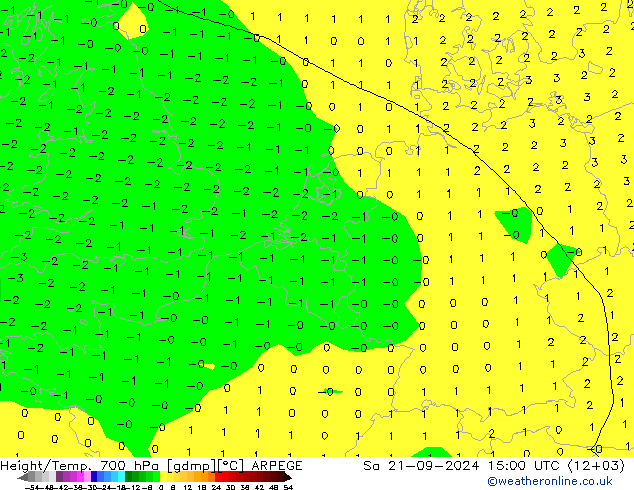 Height/Temp. 700 hPa ARPEGE 星期六 21.09.2024 15 UTC