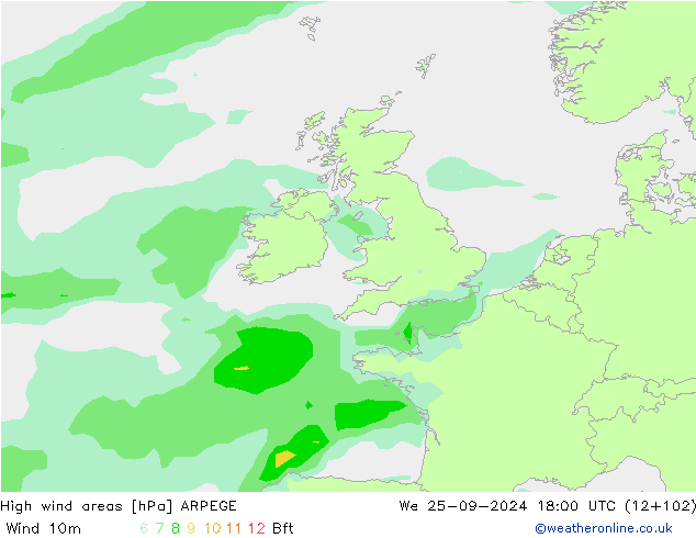 High wind areas ARPEGE We 25.09.2024 18 UTC