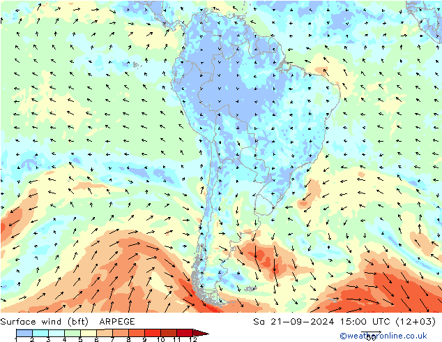 Wind 10 m (bft) ARPEGE za 21.09.2024 15 UTC