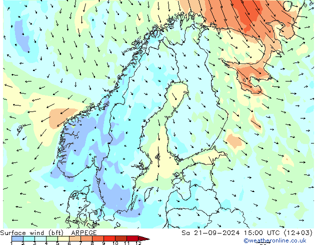 Viento 10 m (bft) ARPEGE sáb 21.09.2024 15 UTC