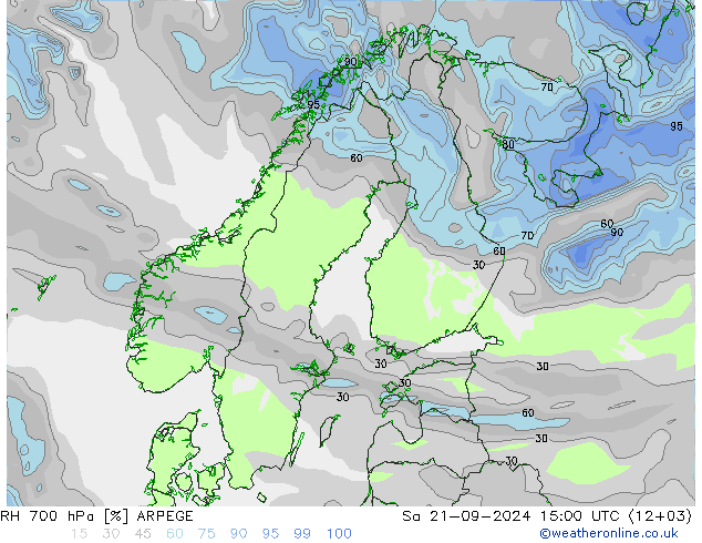 RH 700 hPa ARPEGE Sa 21.09.2024 15 UTC