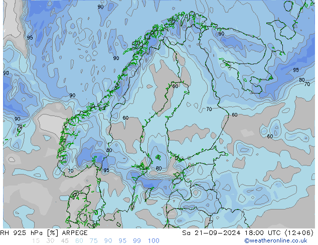 RH 925 hPa ARPEGE Sa 21.09.2024 18 UTC