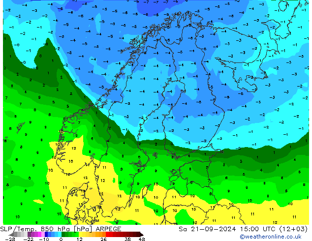 SLP/Temp. 850 hPa ARPEGE 星期六 21.09.2024 15 UTC