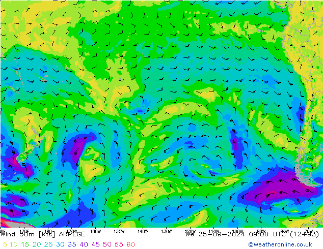 Vento 50 m ARPEGE Qua 25.09.2024 09 UTC