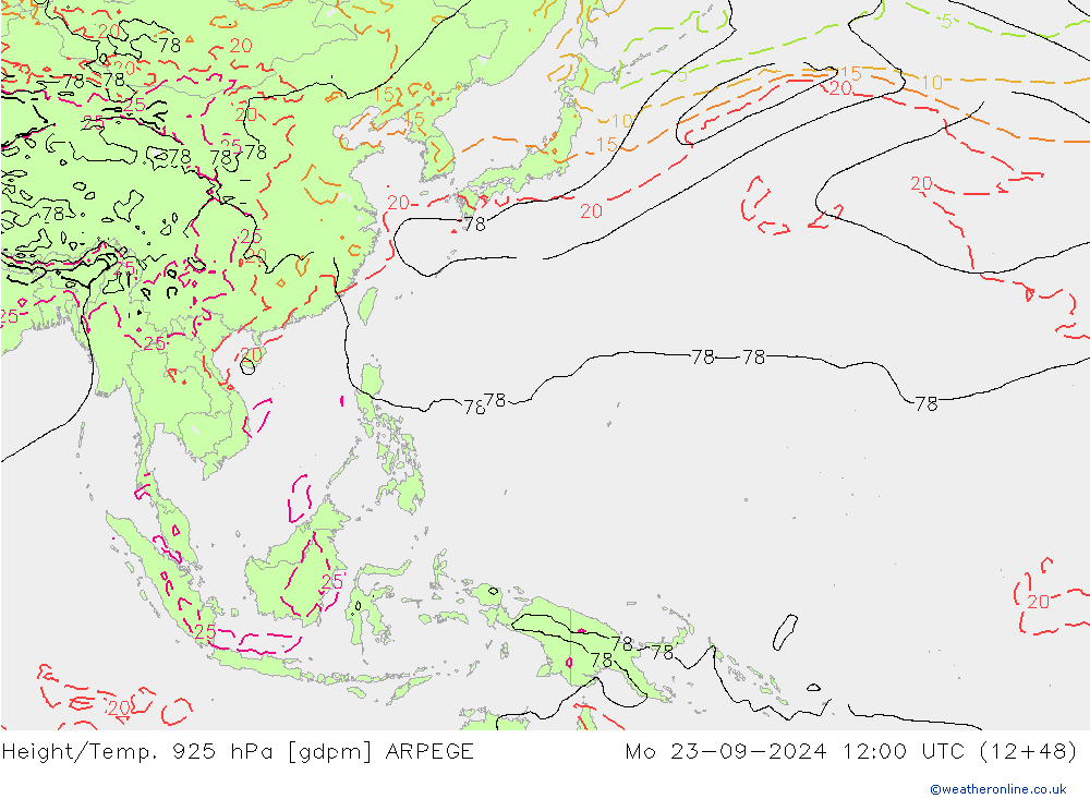 Height/Temp. 925 hPa ARPEGE Mo 23.09.2024 12 UTC