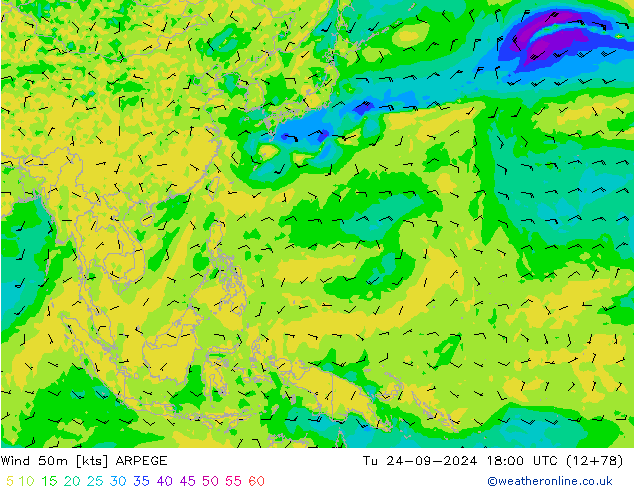 Wind 50 m ARPEGE di 24.09.2024 18 UTC