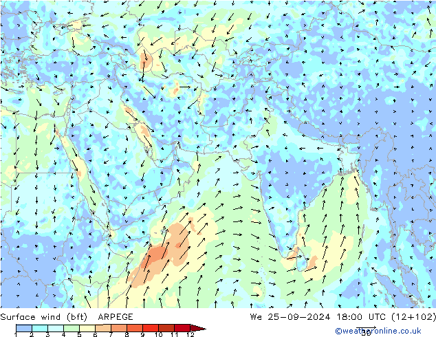 �N 10 米 (bft) ARPEGE 星期三 25.09.2024 18 UTC