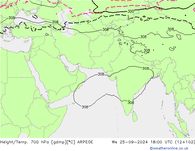 Height/Temp. 700 hPa ARPEGE 星期三 25.09.2024 18 UTC