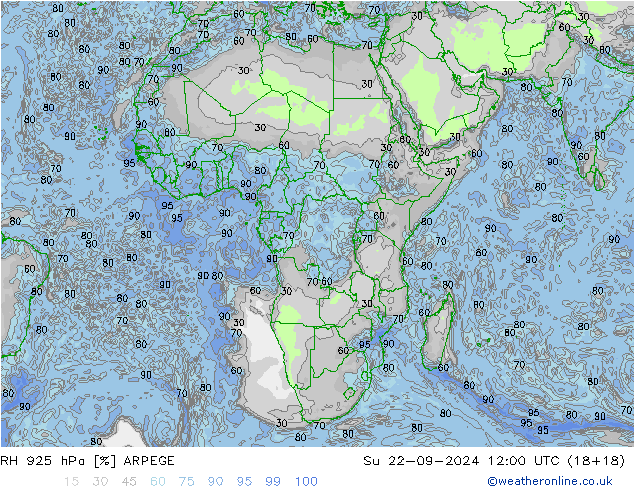 RH 925 hPa ARPEGE Ne 22.09.2024 12 UTC