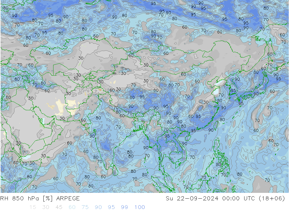 RH 850 hPa ARPEGE Dom 22.09.2024 00 UTC