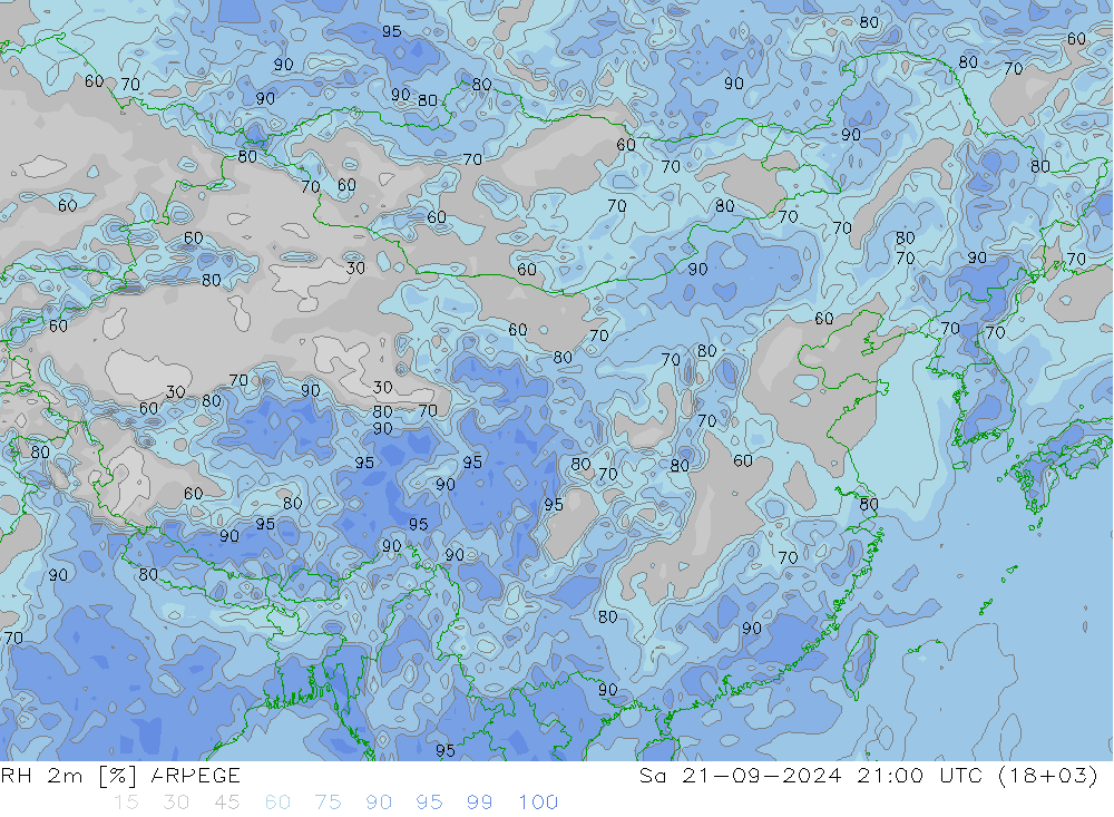 RH 2m ARPEGE 星期六 21.09.2024 21 UTC