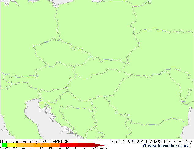 Max. wind snelheid ARPEGE ma 23.09.2024 06 UTC