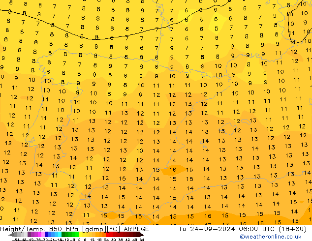 Hoogte/Temp. 850 hPa ARPEGE di 24.09.2024 06 UTC