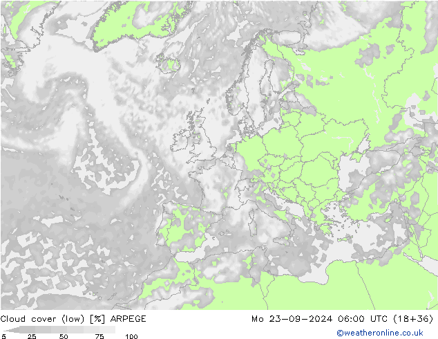 Cloud cover (low) ARPEGE Mo 23.09.2024 06 UTC