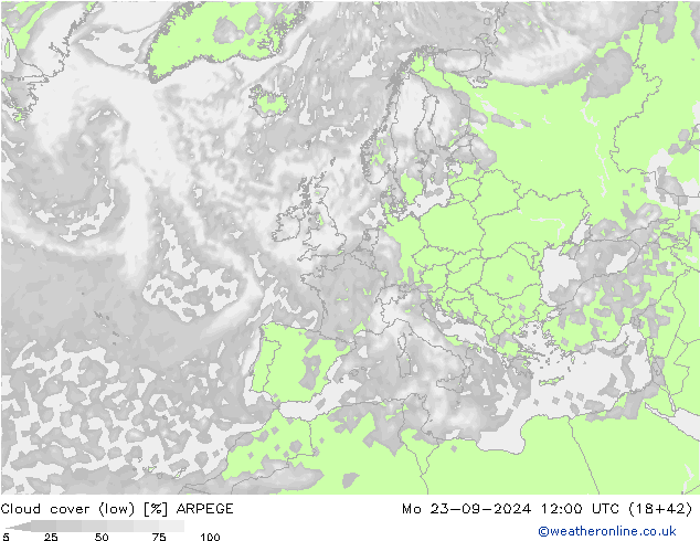 Cloud cover (low) ARPEGE Mo 23.09.2024 12 UTC