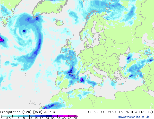 Totale neerslag (12h) ARPEGE zo 22.09.2024 06 UTC