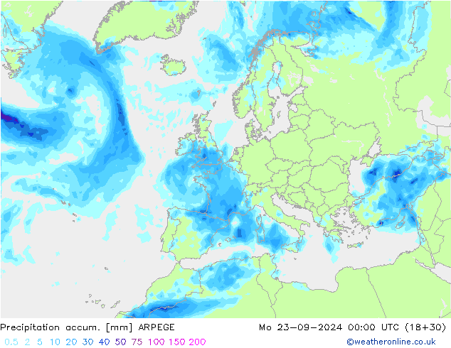 Precipitation accum. ARPEGE Seg 23.09.2024 00 UTC