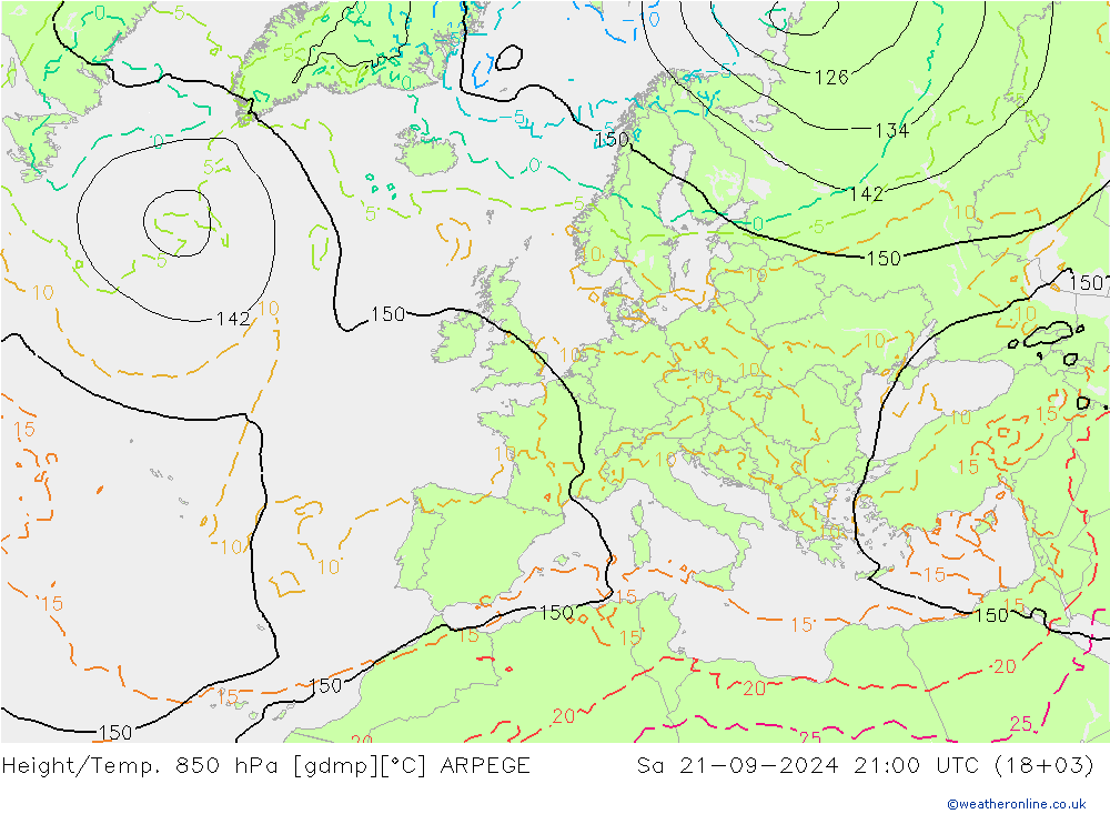 Height/Temp. 850 hPa ARPEGE 星期六 21.09.2024 21 UTC