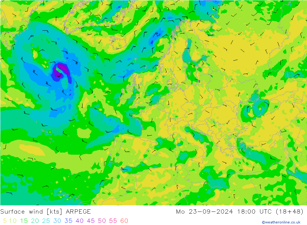 Vento 10 m ARPEGE lun 23.09.2024 18 UTC