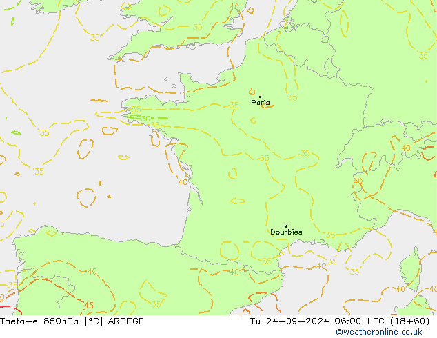 Theta-e 850hPa ARPEGE Út 24.09.2024 06 UTC