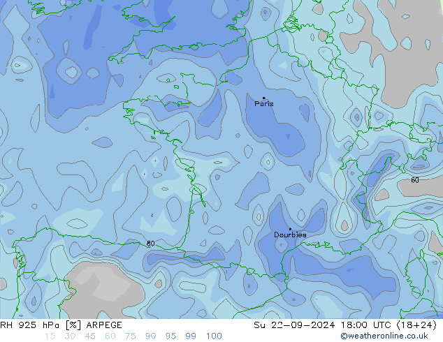 RH 925 гПа ARPEGE Вс 22.09.2024 18 UTC