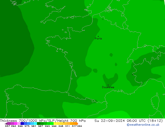 Schichtdicke 700-1000 hPa ARPEGE So 22.09.2024 06 UTC