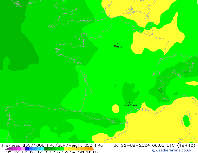 Schichtdicke 850-1000 hPa ARPEGE So 22.09.2024 06 UTC