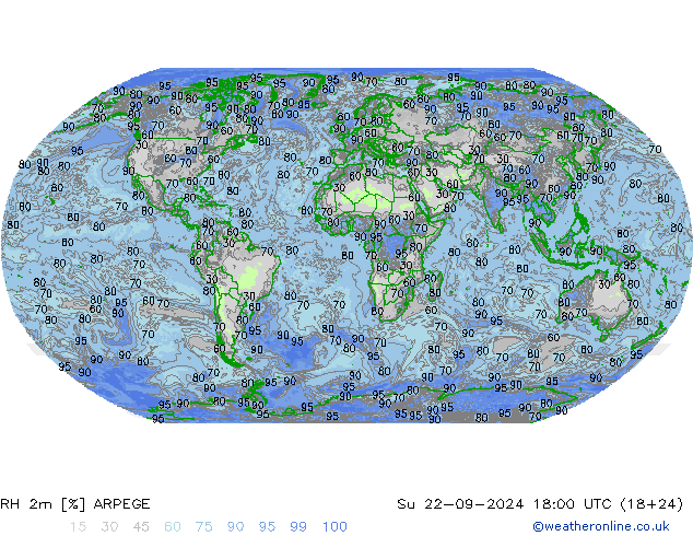 RH 2m ARPEGE 星期日 22.09.2024 18 UTC