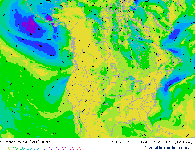 风 10 米 ARPEGE 星期日 22.09.2024 18 UTC