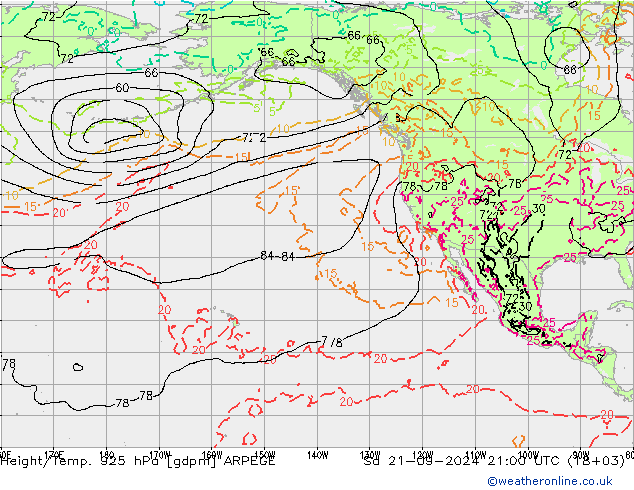 Height/Temp. 925 hPa ARPEGE Sa 21.09.2024 21 UTC