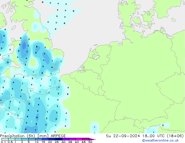 降水量 (6h) ARPEGE 星期日 22.09.2024 00 UTC