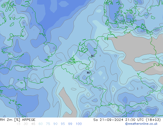 RH 2m ARPEGE 星期六 21.09.2024 21 UTC